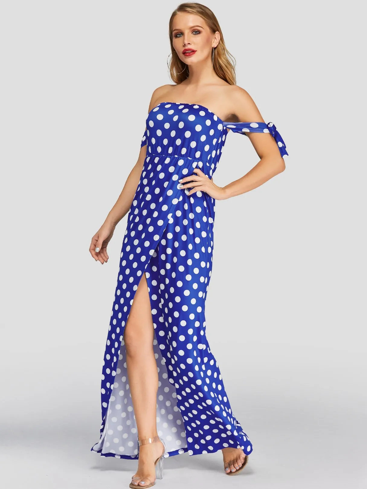 Wholesale Off The Shoulder Short Sleeve Polka Dot Slit Hem Dresses