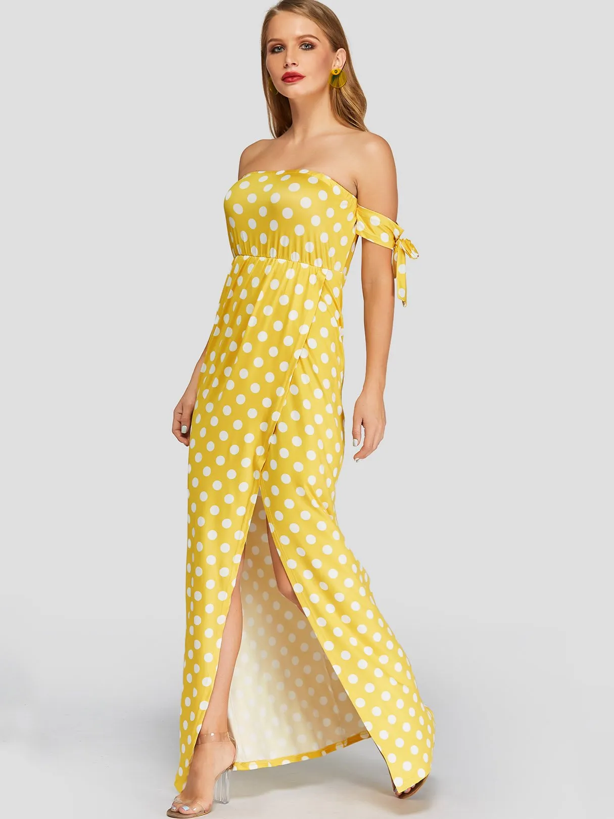 Wholesale Off The Shoulder Short Sleeve Polka Dot Slit Hem Dresses