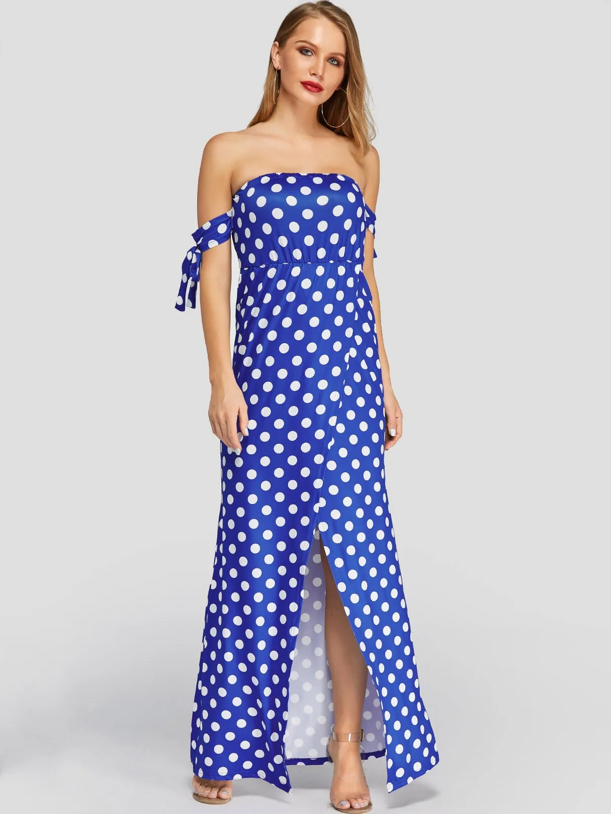 Wholesale Off The Shoulder Short Sleeve Polka Dot Slit Hem Dresses