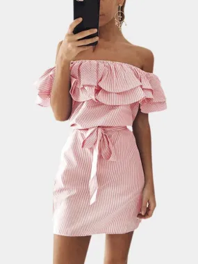 Wholesale Pink Off The Shoulder Sleeveless Stripe Self-Tie Dresses