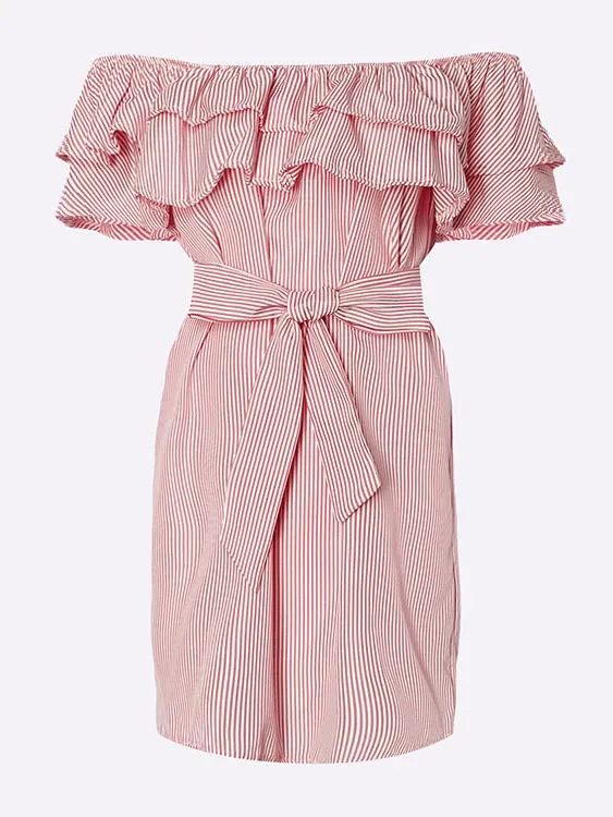 Wholesale Pink Off The Shoulder Sleeveless Stripe Self-Tie Dresses