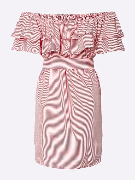 Wholesale Pink Off The Shoulder Sleeveless Stripe Self-Tie Dresses