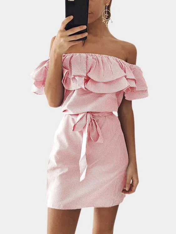 Wholesale Pink Off The Shoulder Sleeveless Stripe Self-Tie Dresses