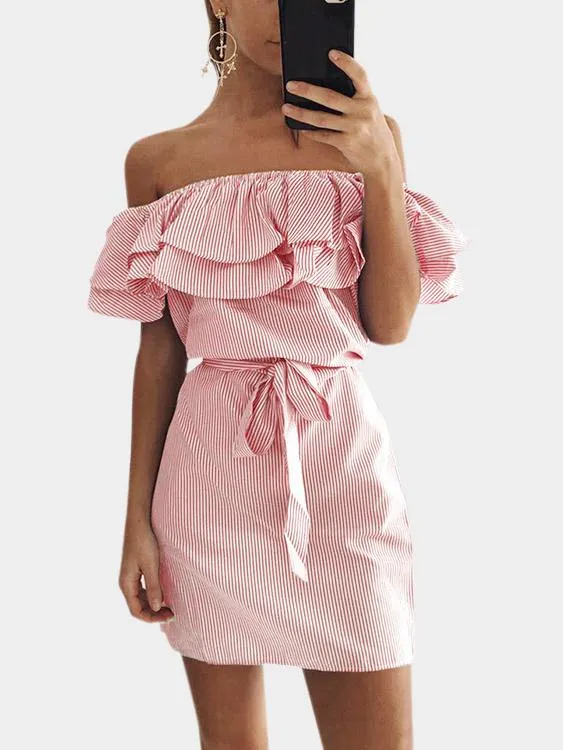 Wholesale Pink Off The Shoulder Sleeveless Stripe Self-Tie Dresses