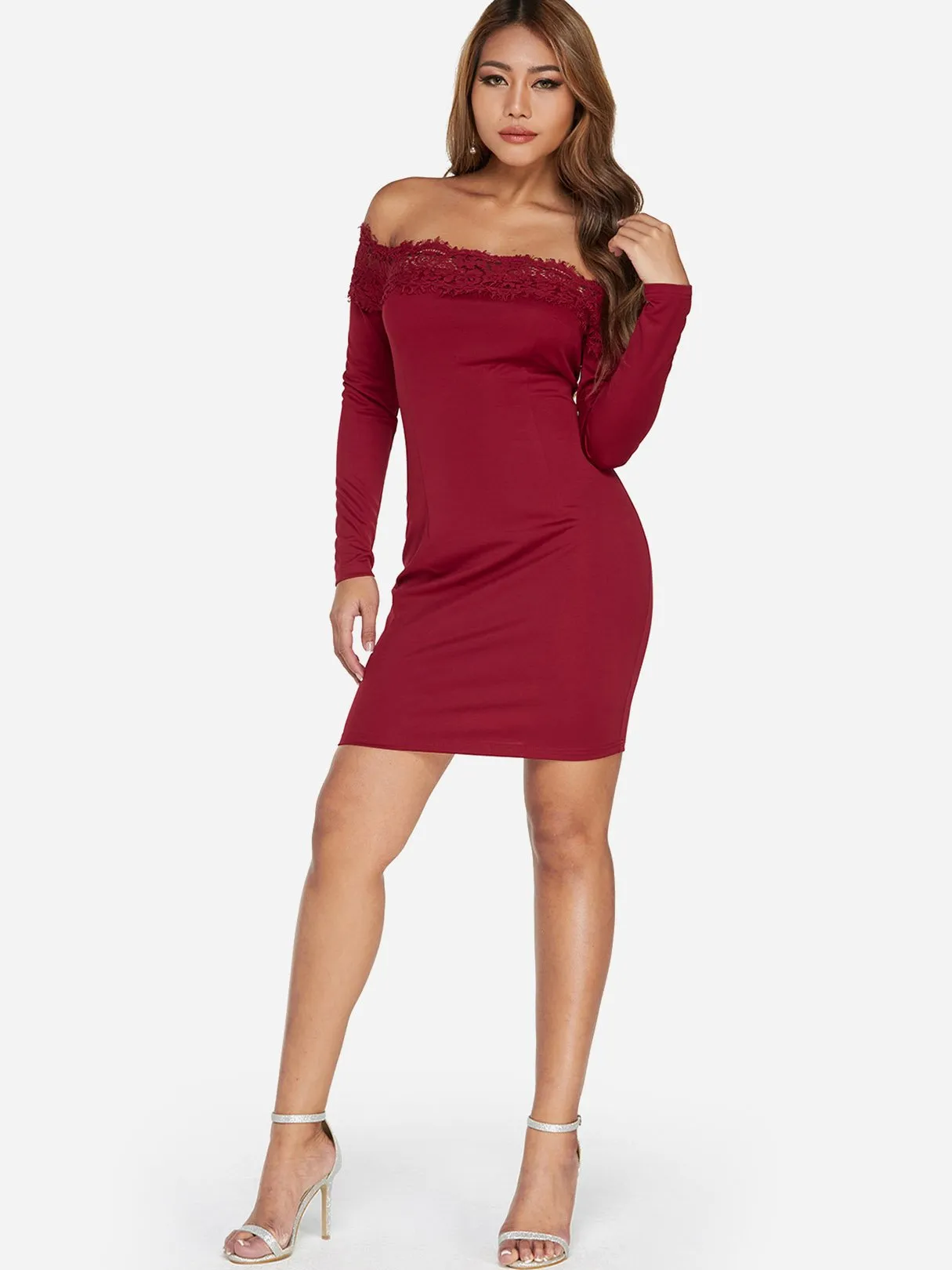 Wholesale Red Off The Shoulder Long Sleeve Plain Lace See Through High-Waisted Dresses