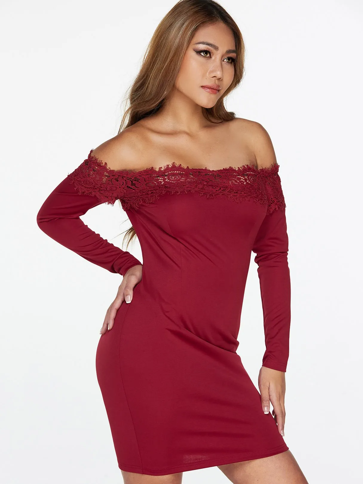 Wholesale Red Off The Shoulder Long Sleeve Plain Lace See Through High-Waisted Dresses