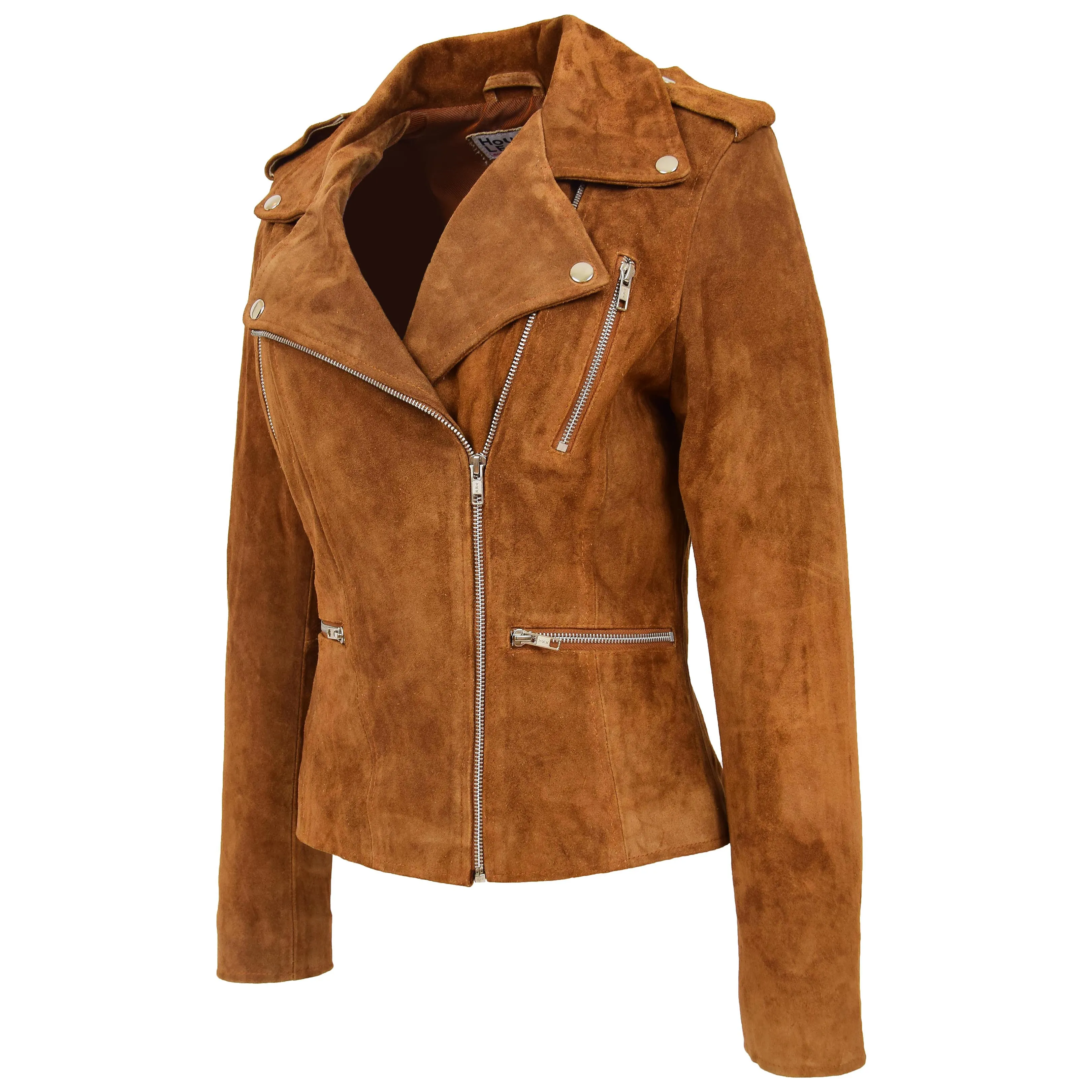 Womens Suede Biker Style Zip Jacket Skylar Tan