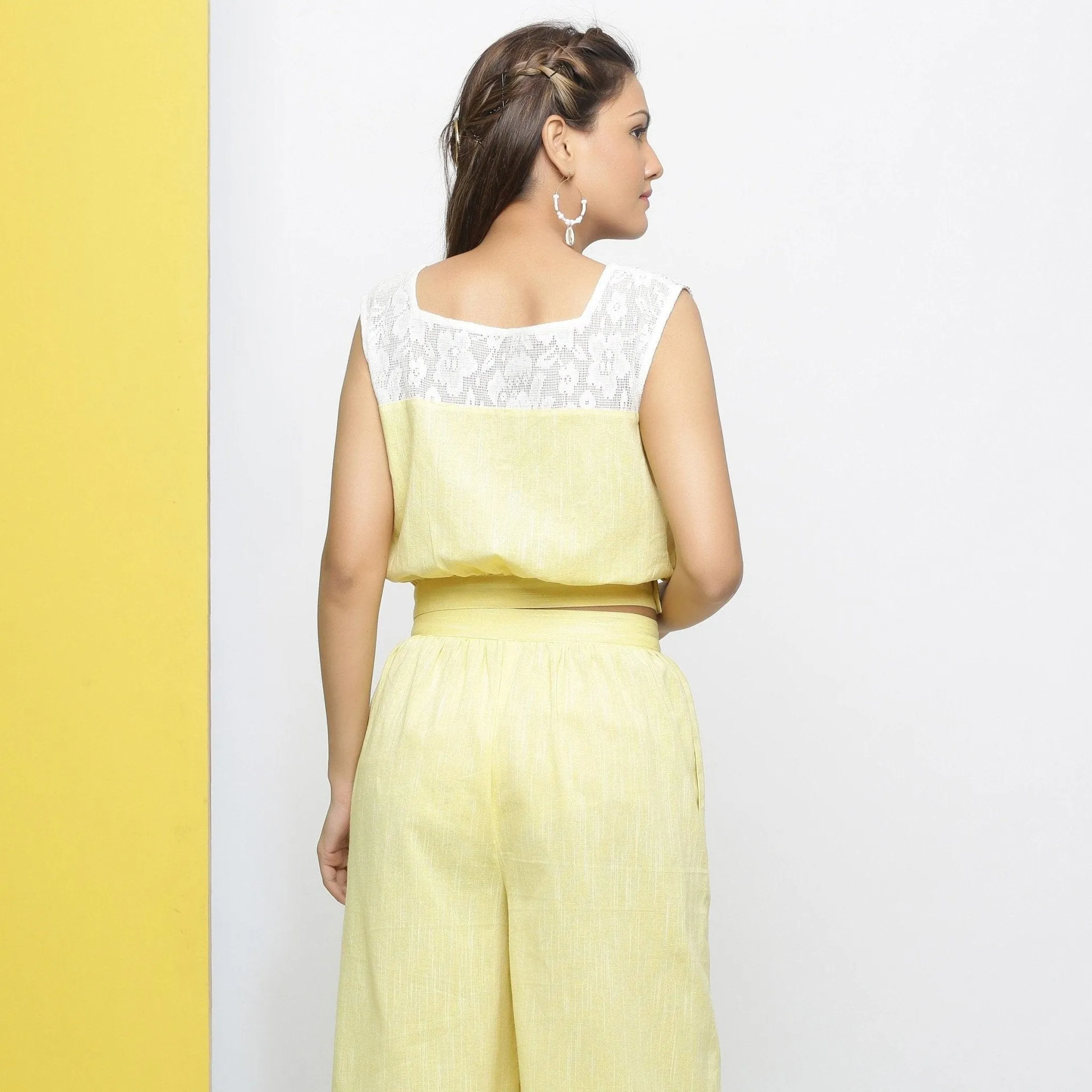 Yellow Cotton Lace Hand-Embroidered Crop Top