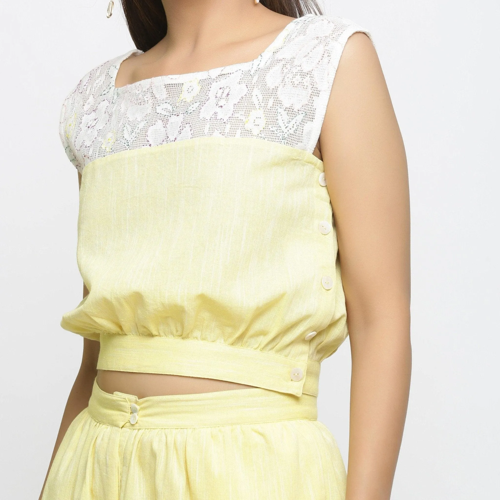 Yellow Cotton Lace Hand-Embroidered Crop Top